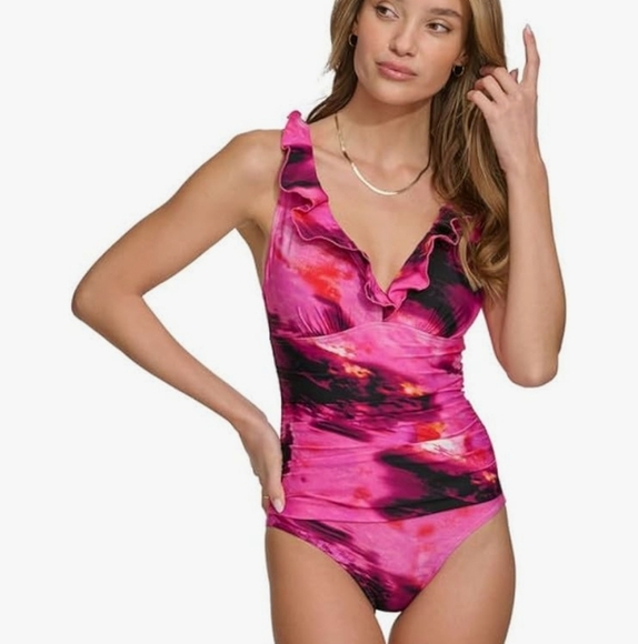 Dkny Other - DKNY Womens Ruffle Plunge Underwire Tummy Control One-Piece, Size Medium